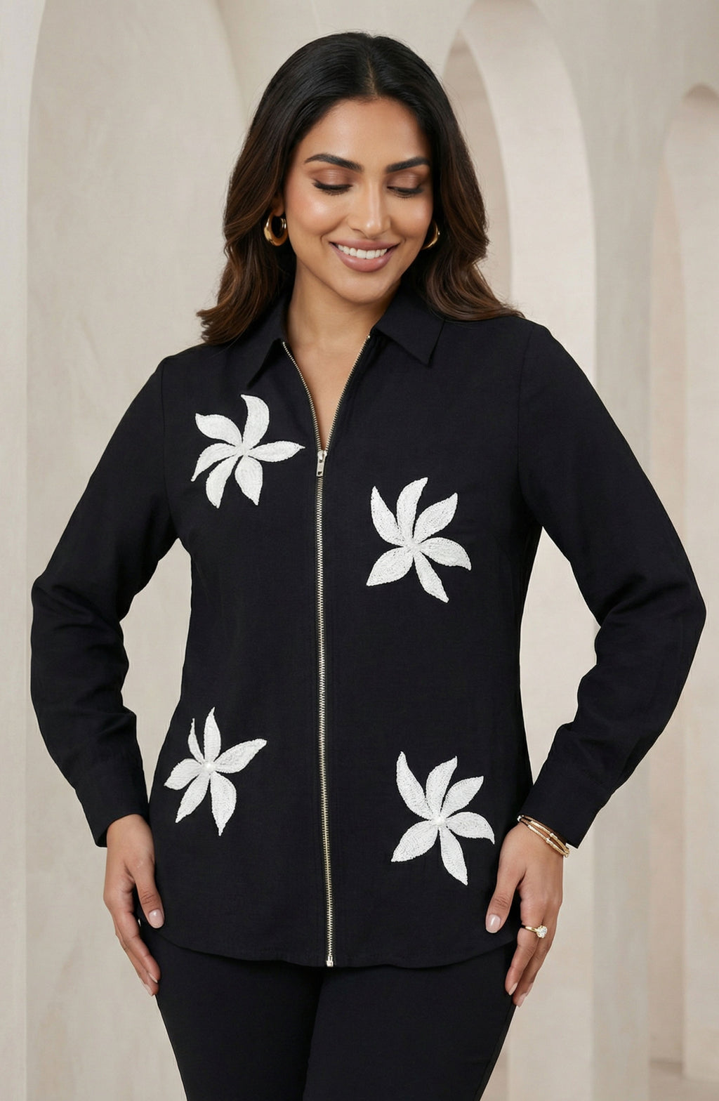 Black Floral Zip Front Embellished Shirt