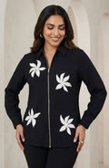 Black Floral Zip Front Embellished Shirt