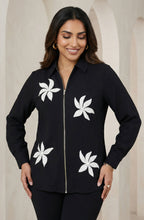 Black Floral Zip Front Embellished Shirt