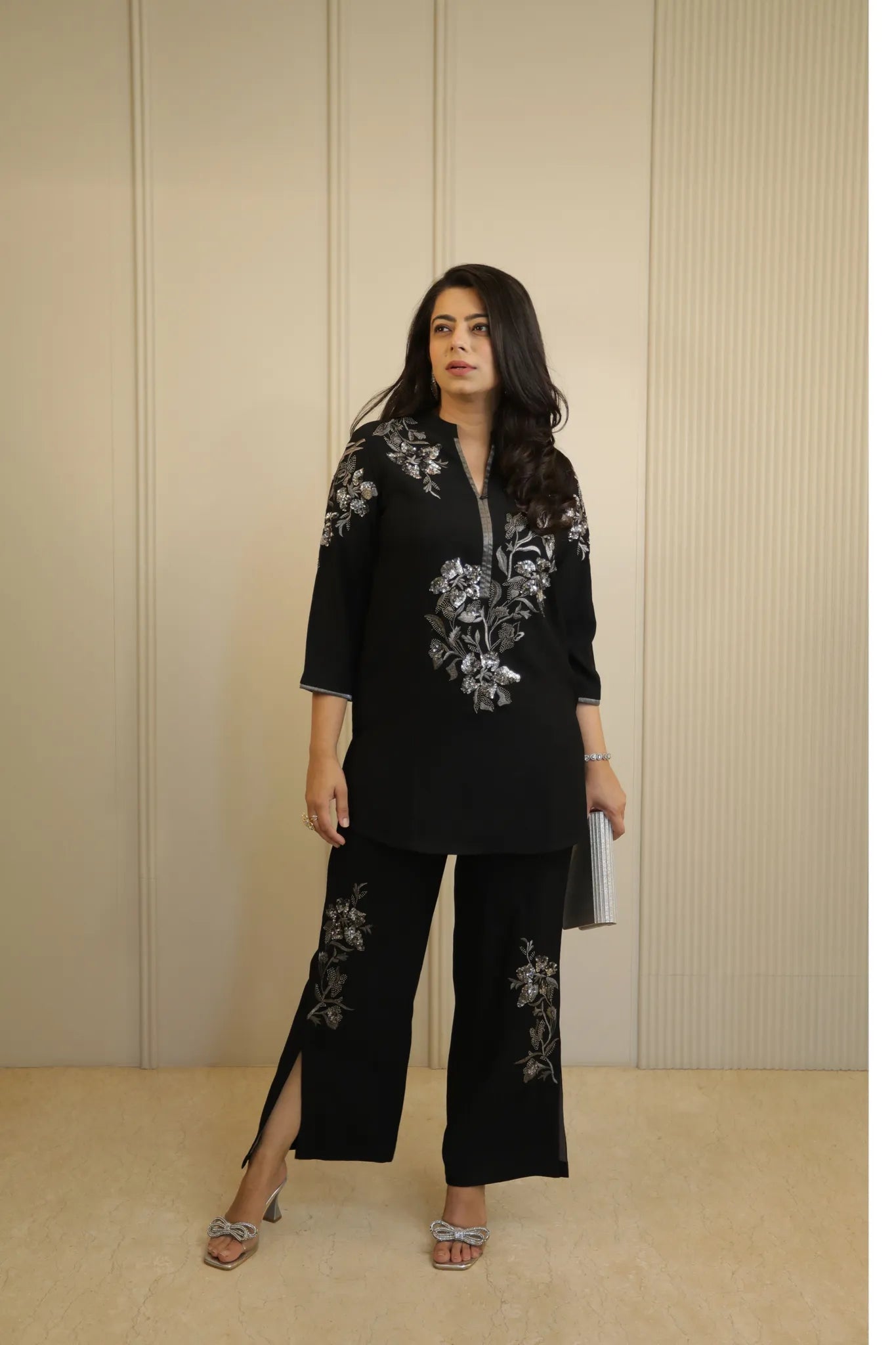 Black and Silver Floral Embellished Co-Ord Set