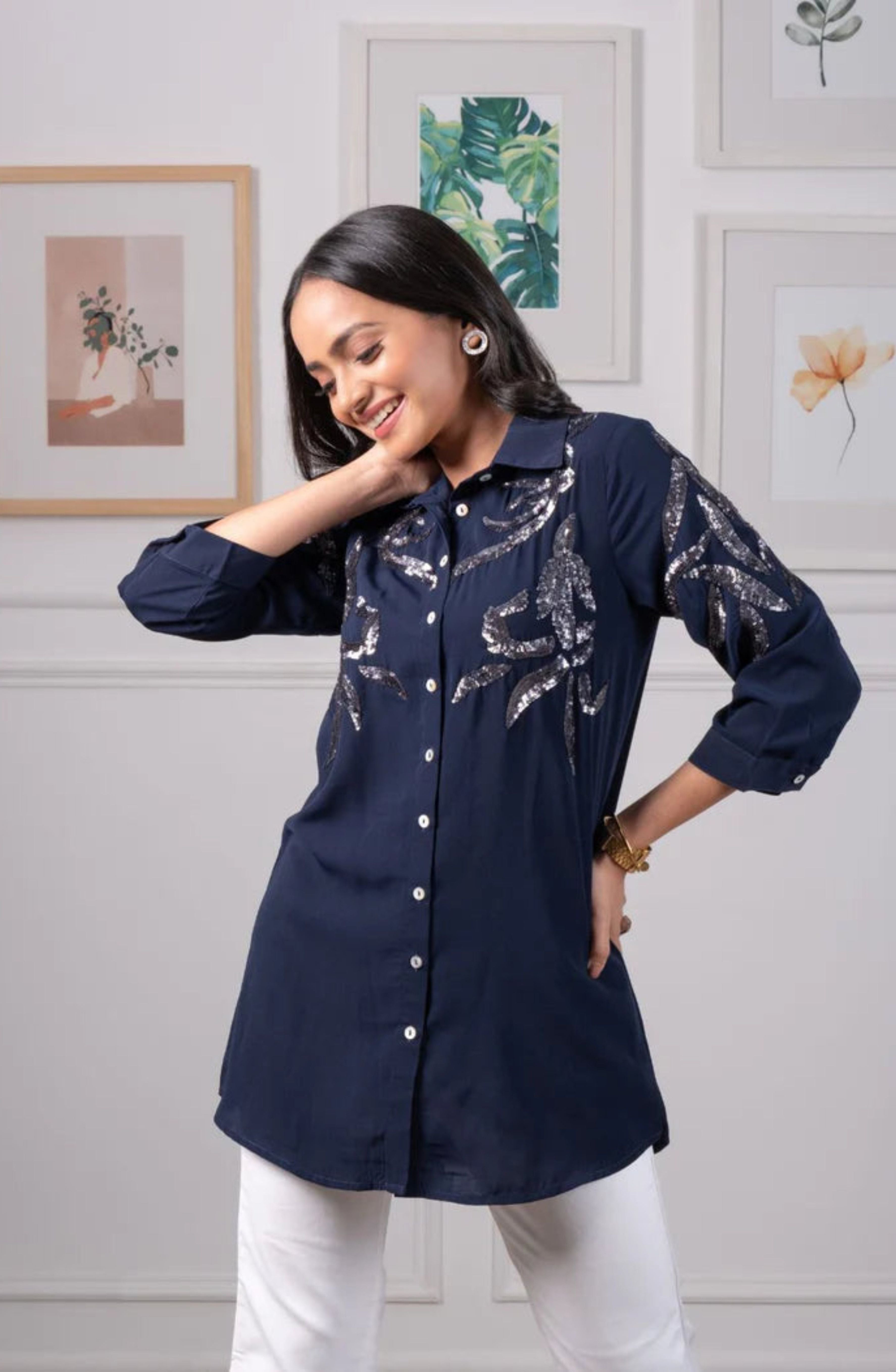 Navy Blue Sequin Shirt