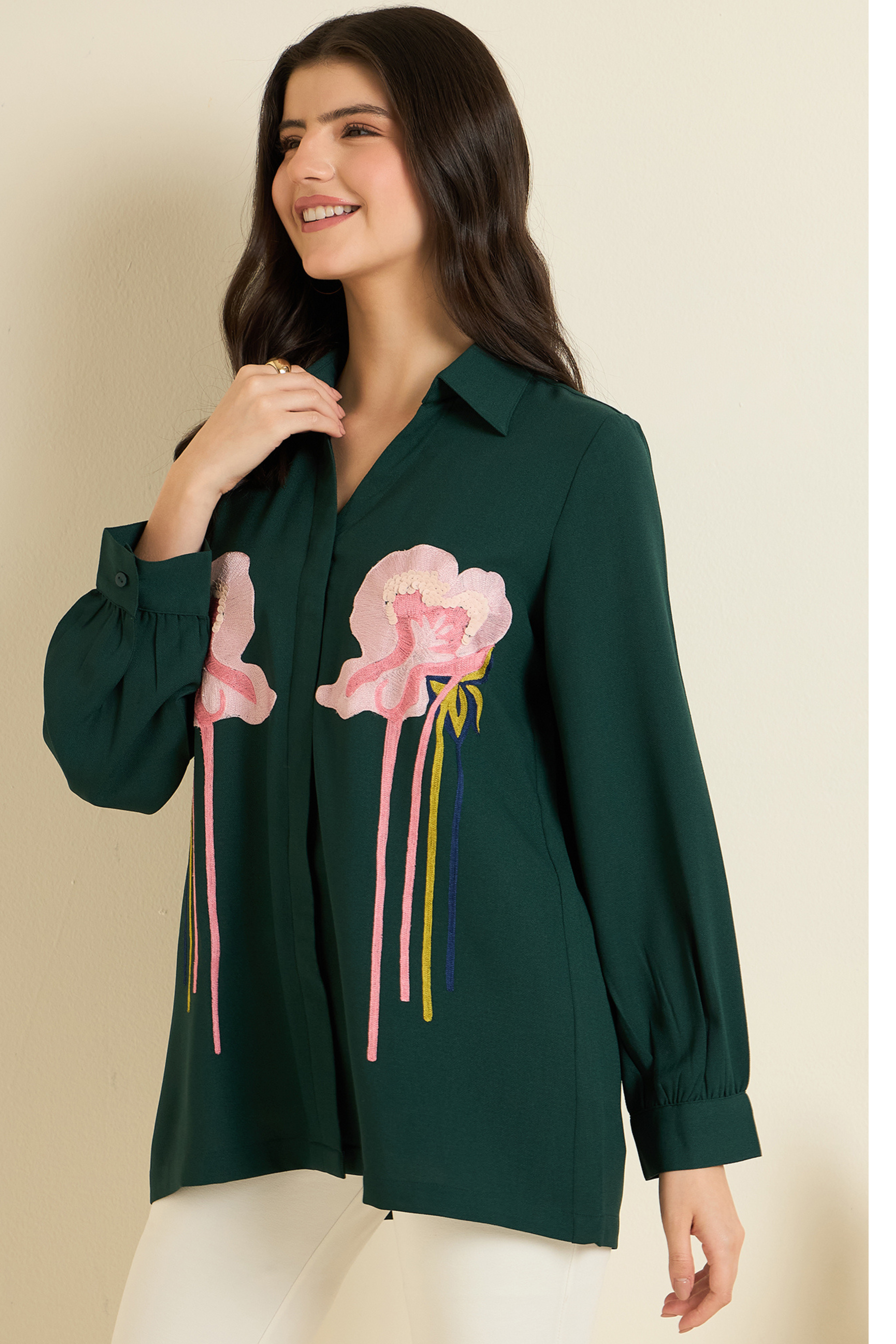 Dark Green Floral Embroidered Shirt