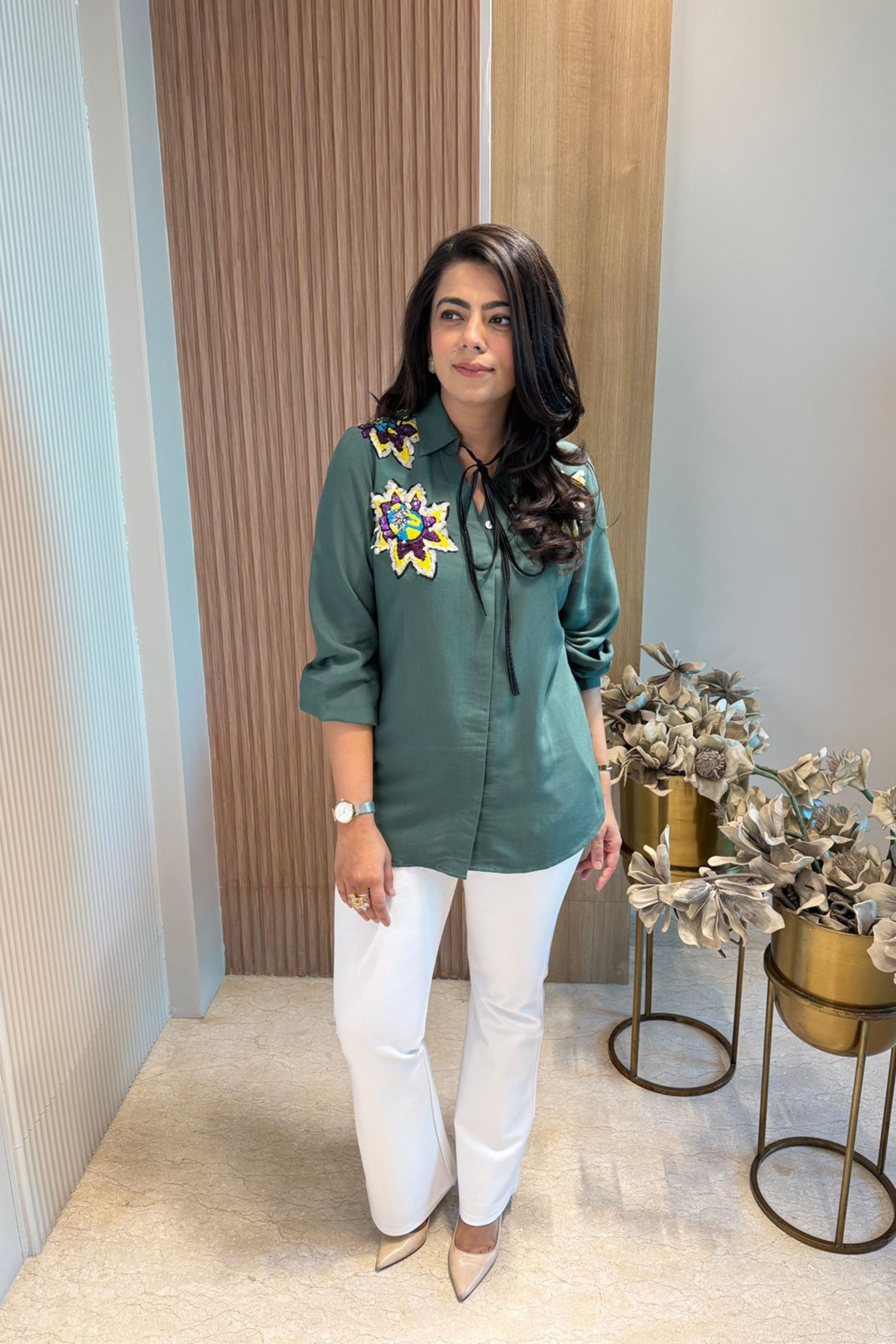 Embellished Knot Style Bottle Green Shirt