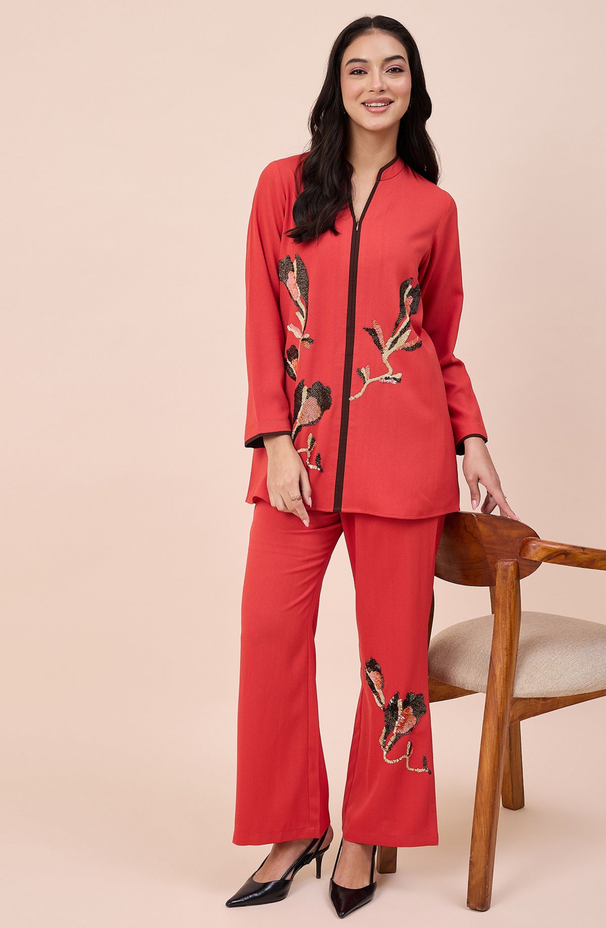 Coral Orange Embellished Co-ord Set