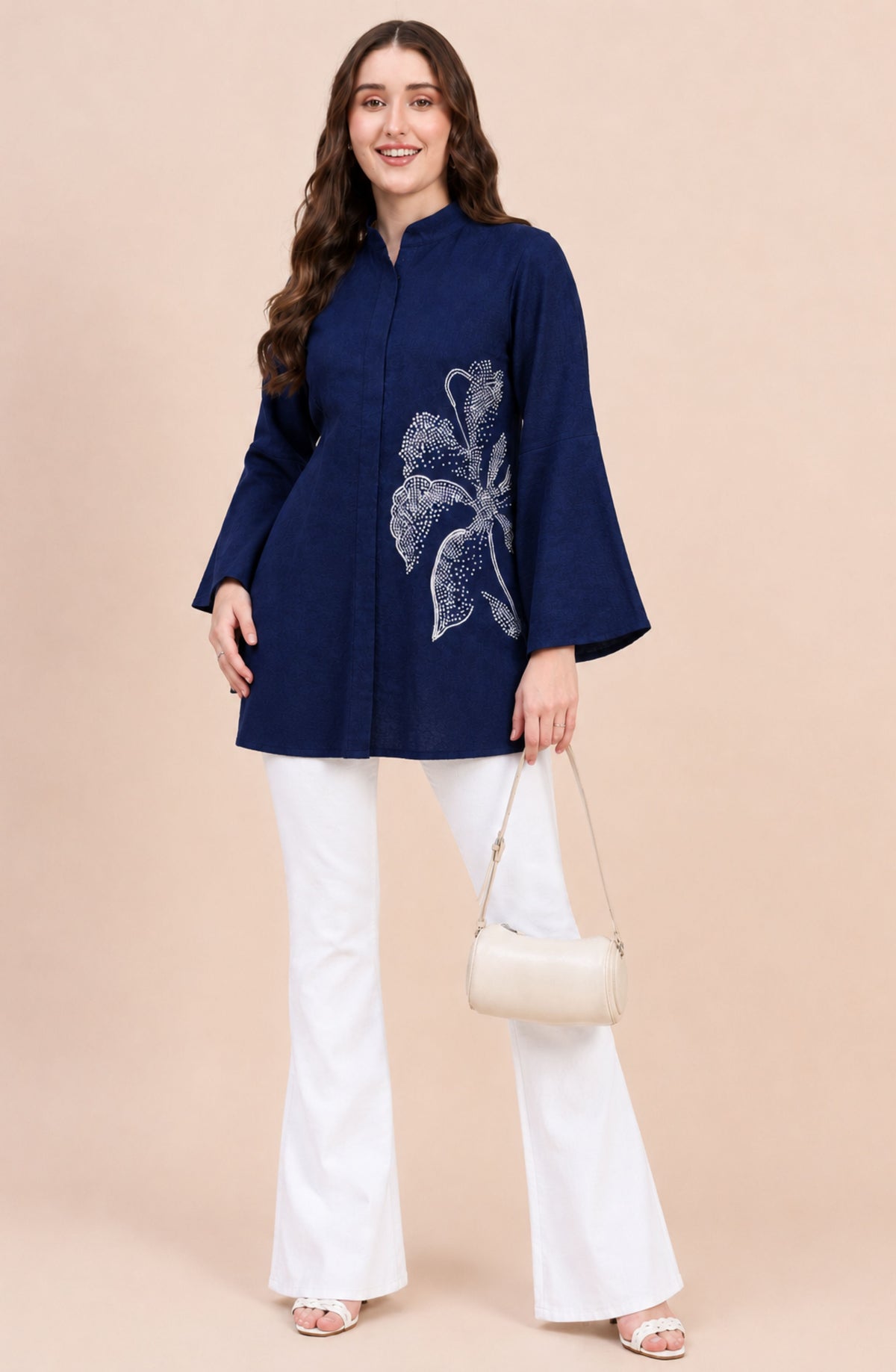 Navy Blue Embellished Floral Shirt with Bell Sleeves