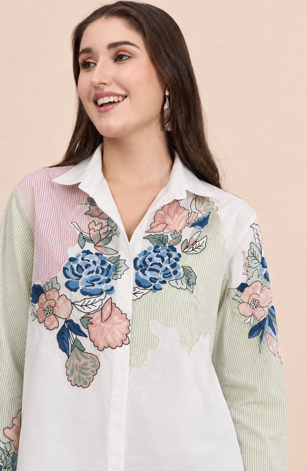 White Cotton Patch Embroidered Shirt