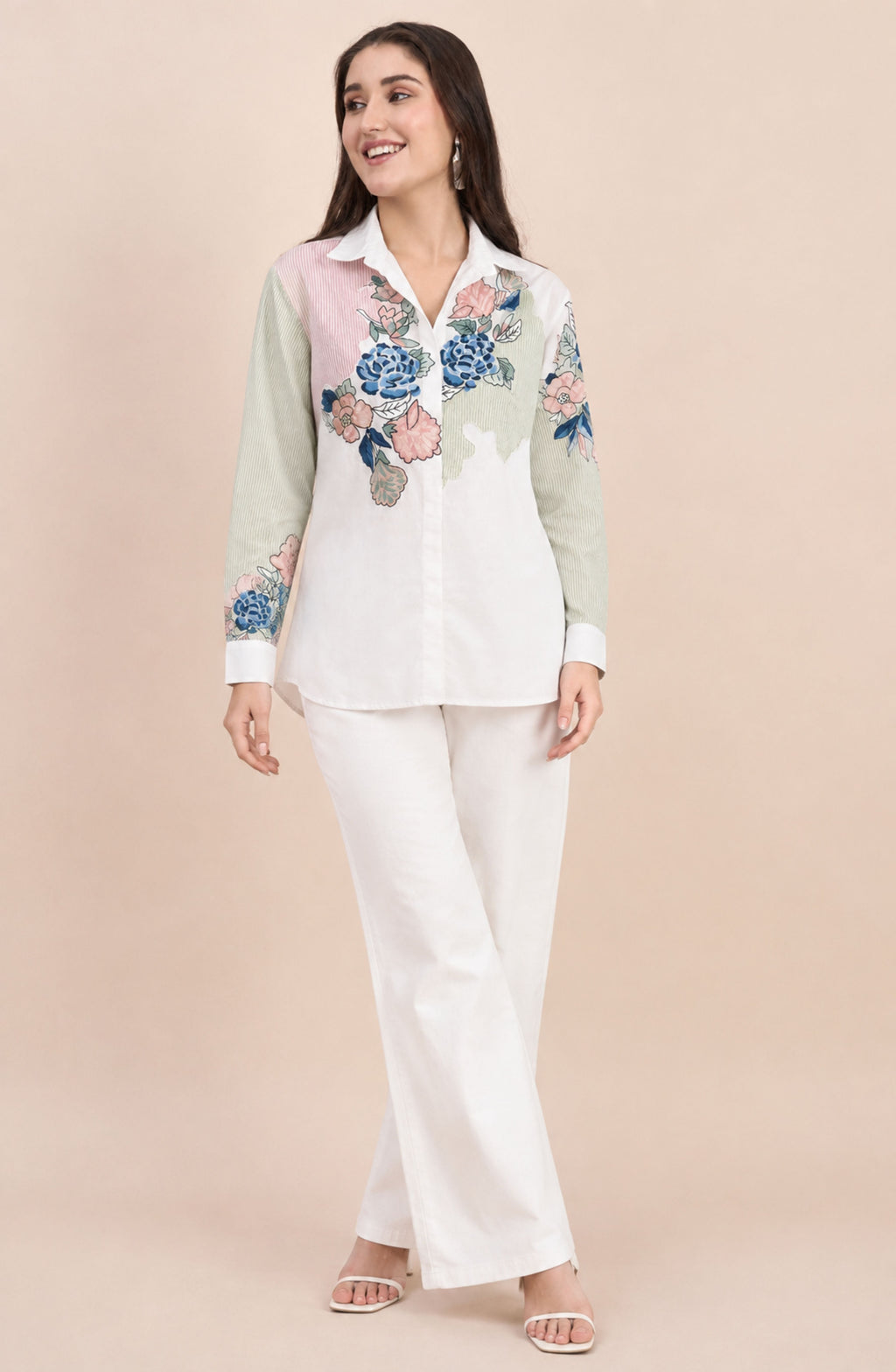White Cotton Patch Embroidered Shirt