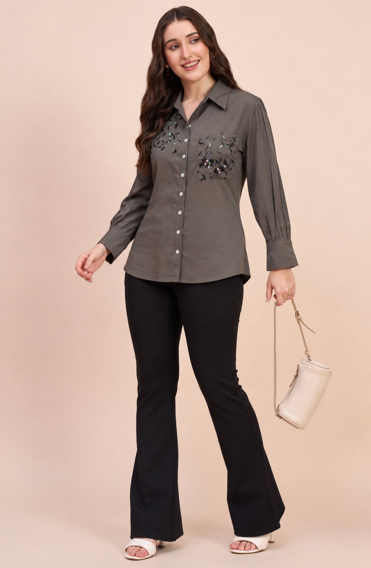 Charcoal Grey Beaded Embellished Shirt