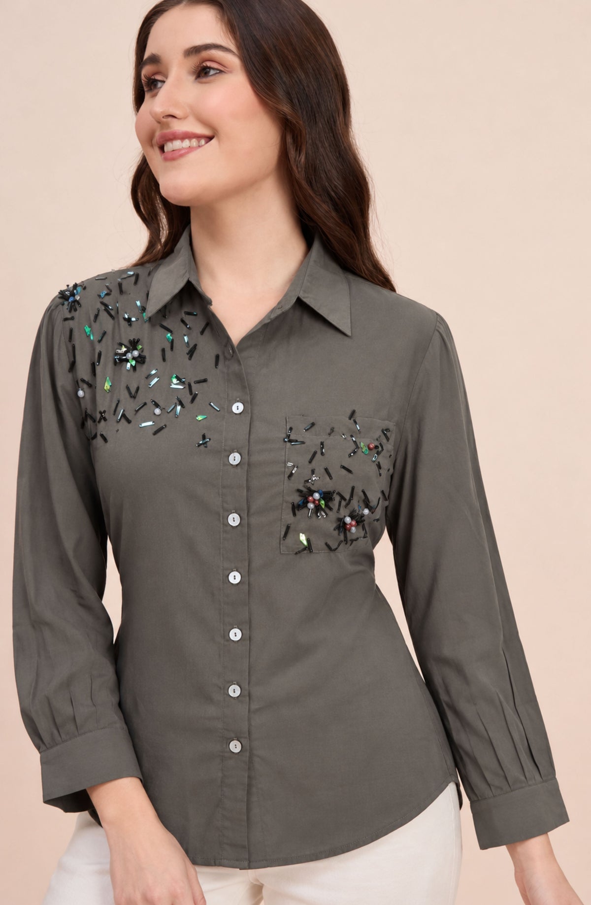 Charcoal Grey Beaded Embellished Shirt