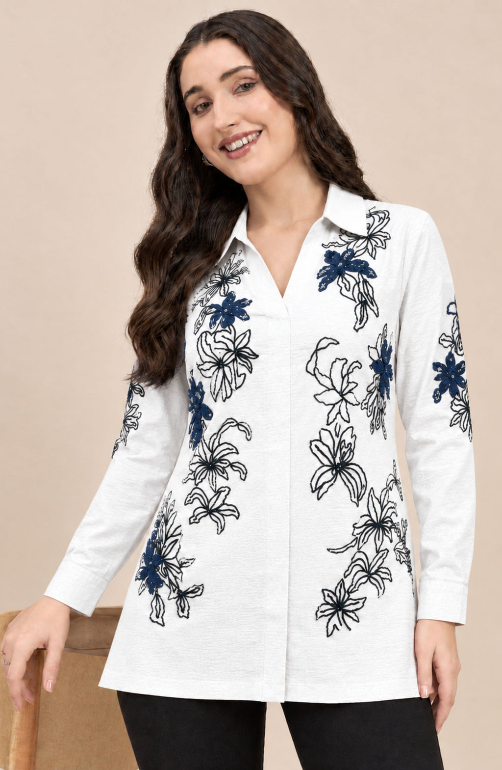 White Embellished Lily Shirt with Black & Navy Floral Detailing