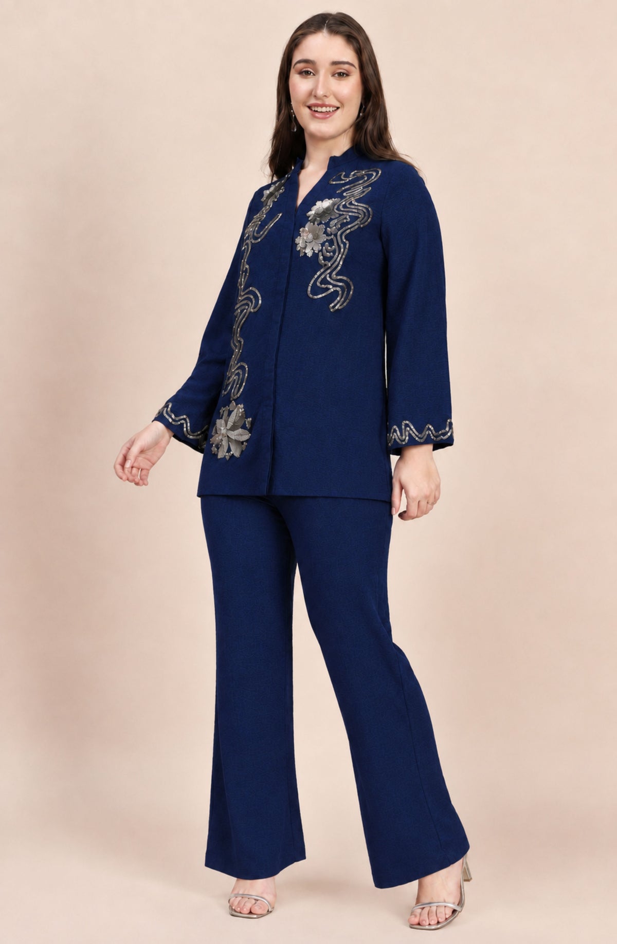 Navy Co-ord Set with Silver Sequin Vine & Floral Embroidery