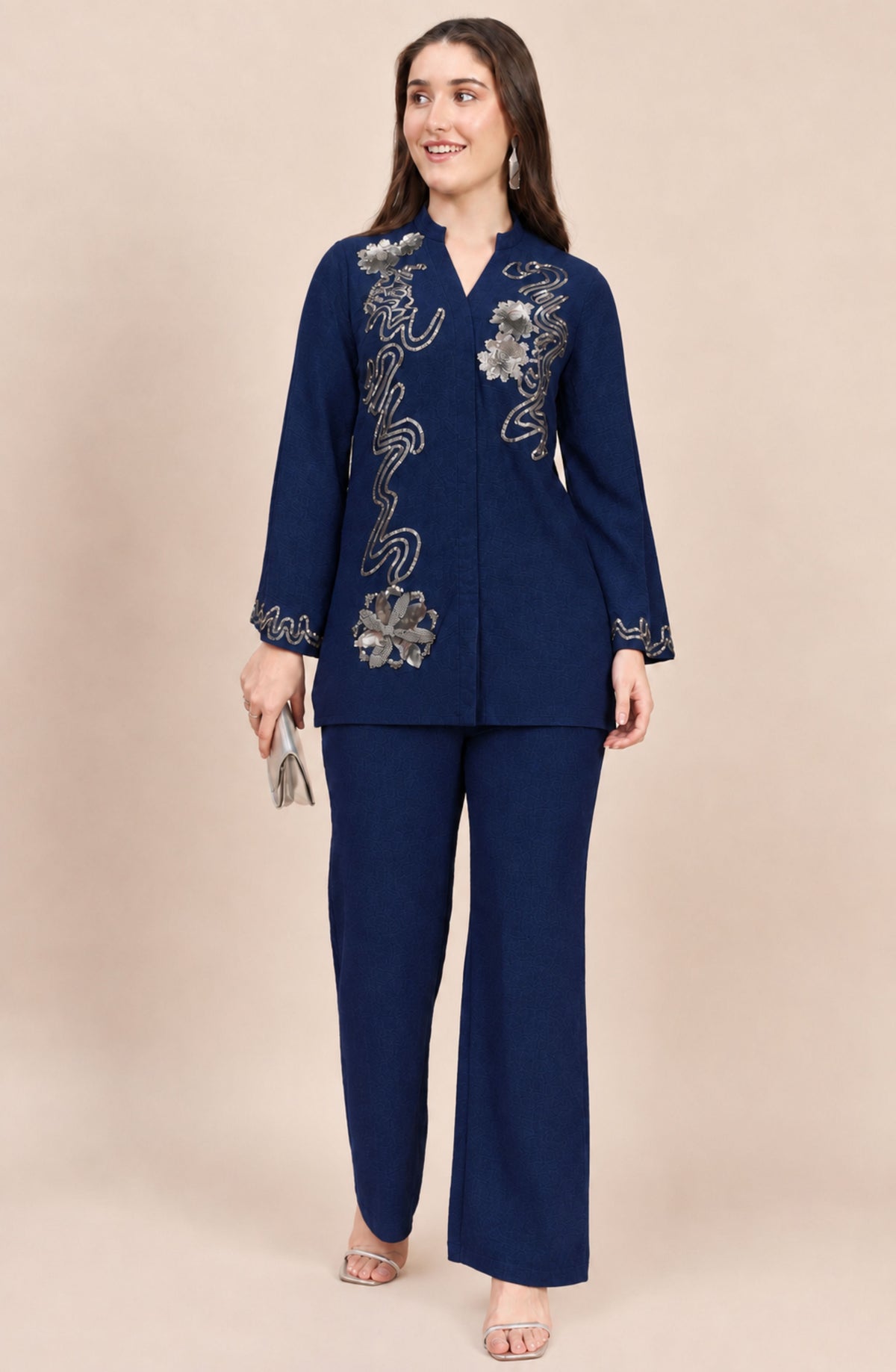 Navy Co-ord Set with Silver Sequin Vine & Floral Embroidery