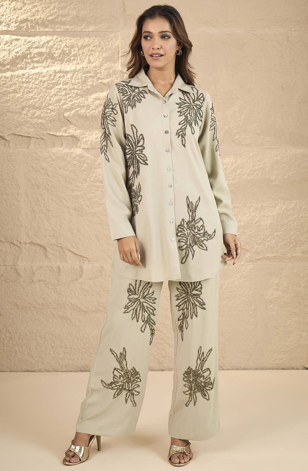 Graceful Beige Embellished Co-ord Set