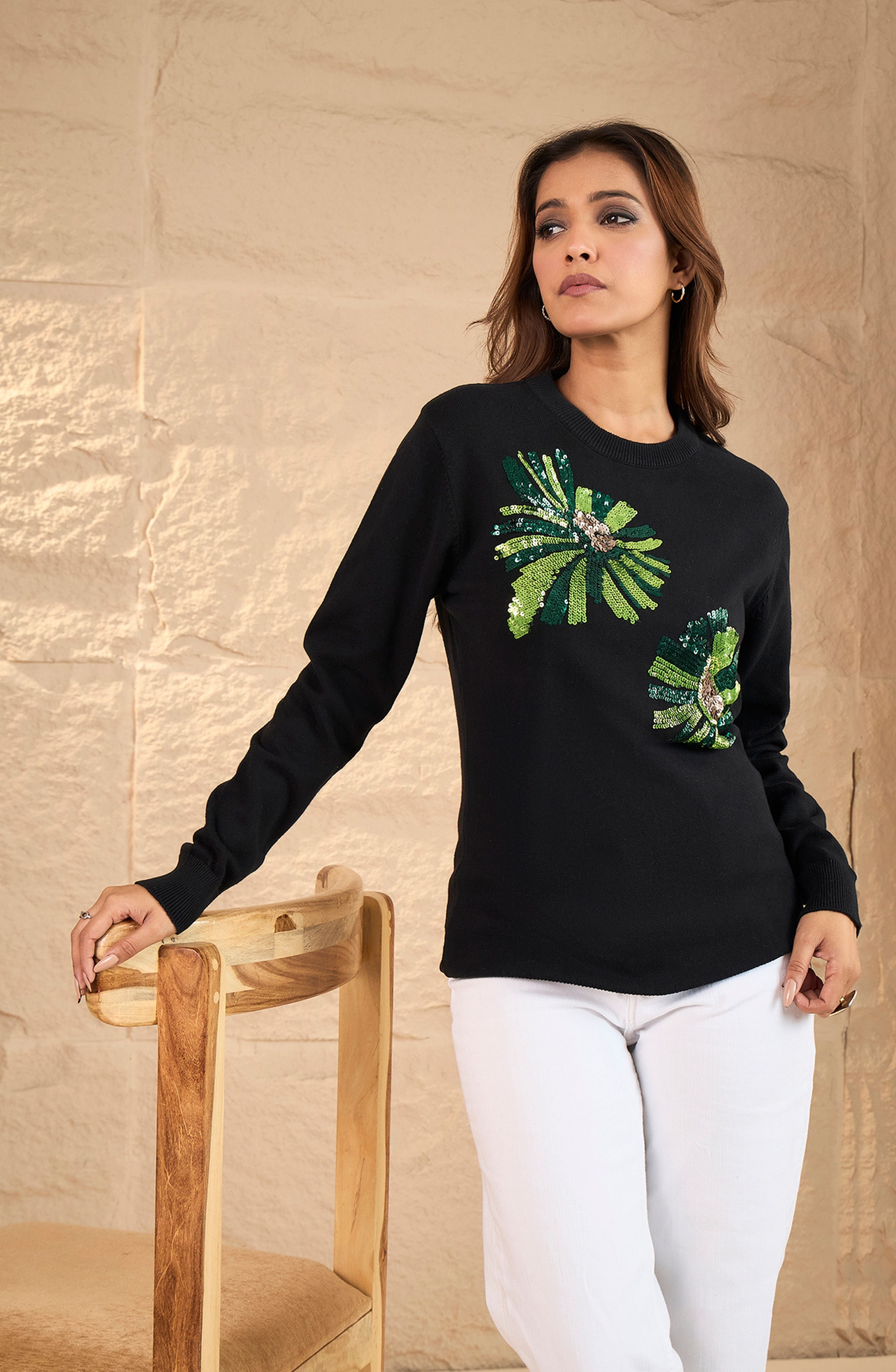 Black Floral Sequin Embellished Sweater