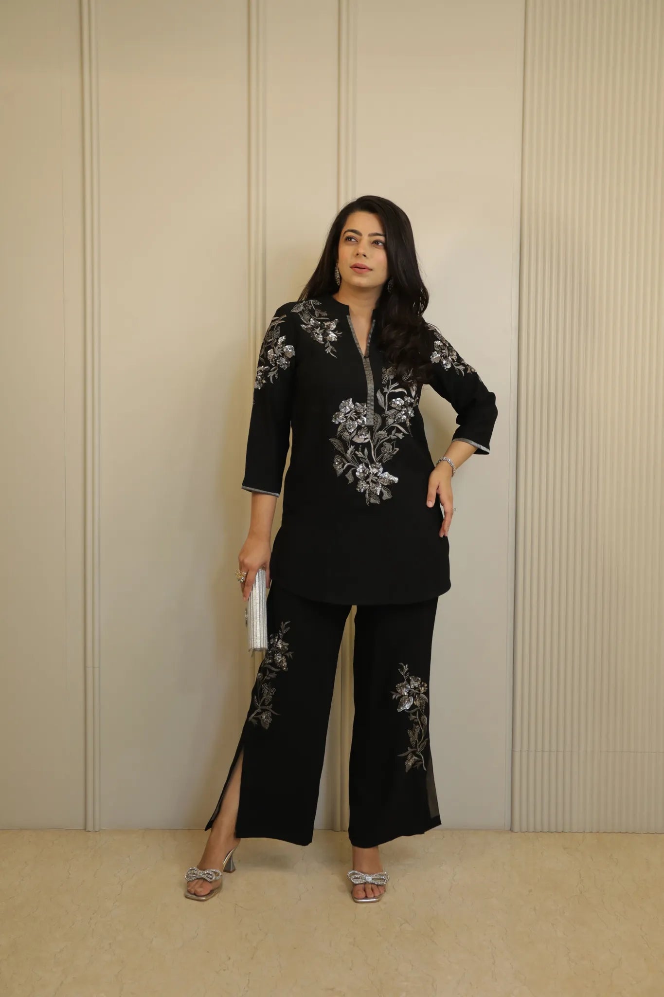 Black and Silver Floral Embellished Co-Ord Set