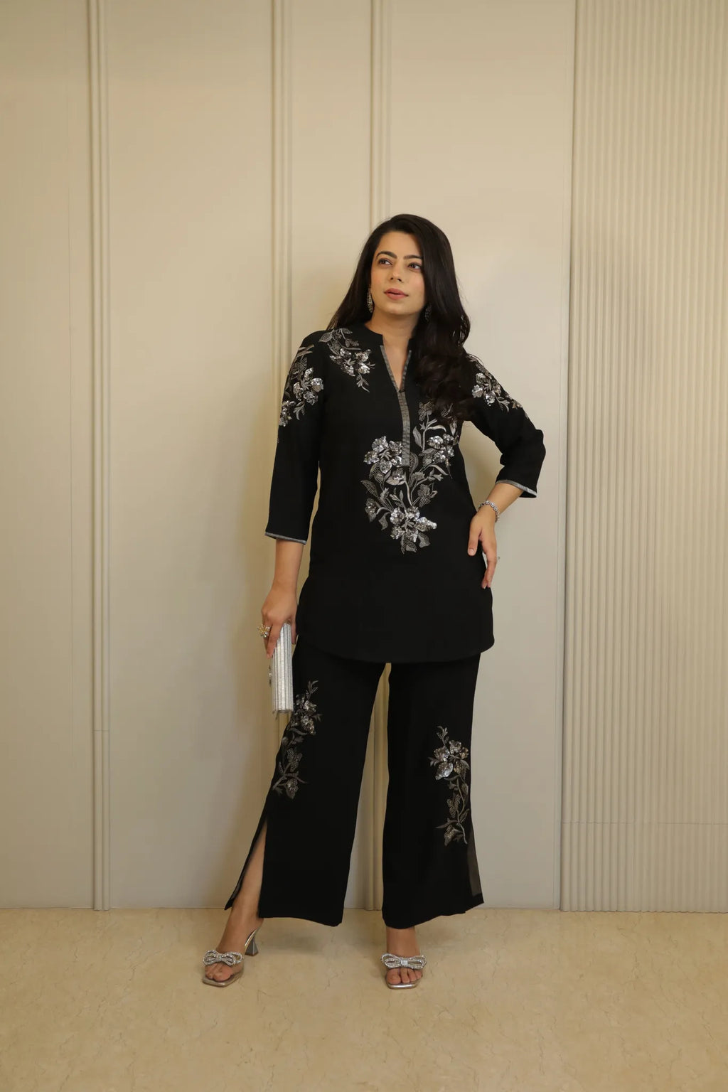 Black and Silver Floral Embellished Co-Ord Set