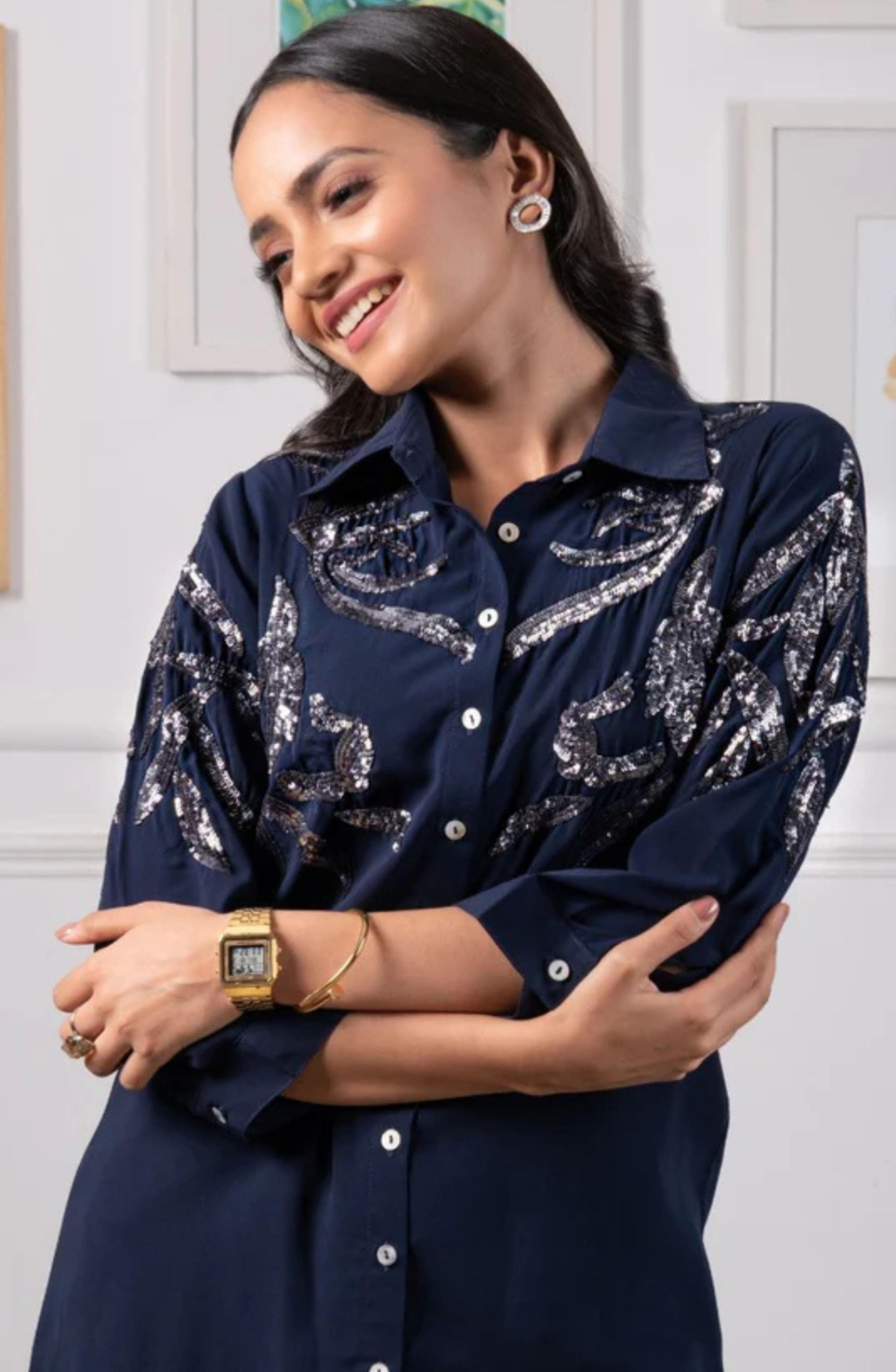 Navy Blue Sequin Shirt