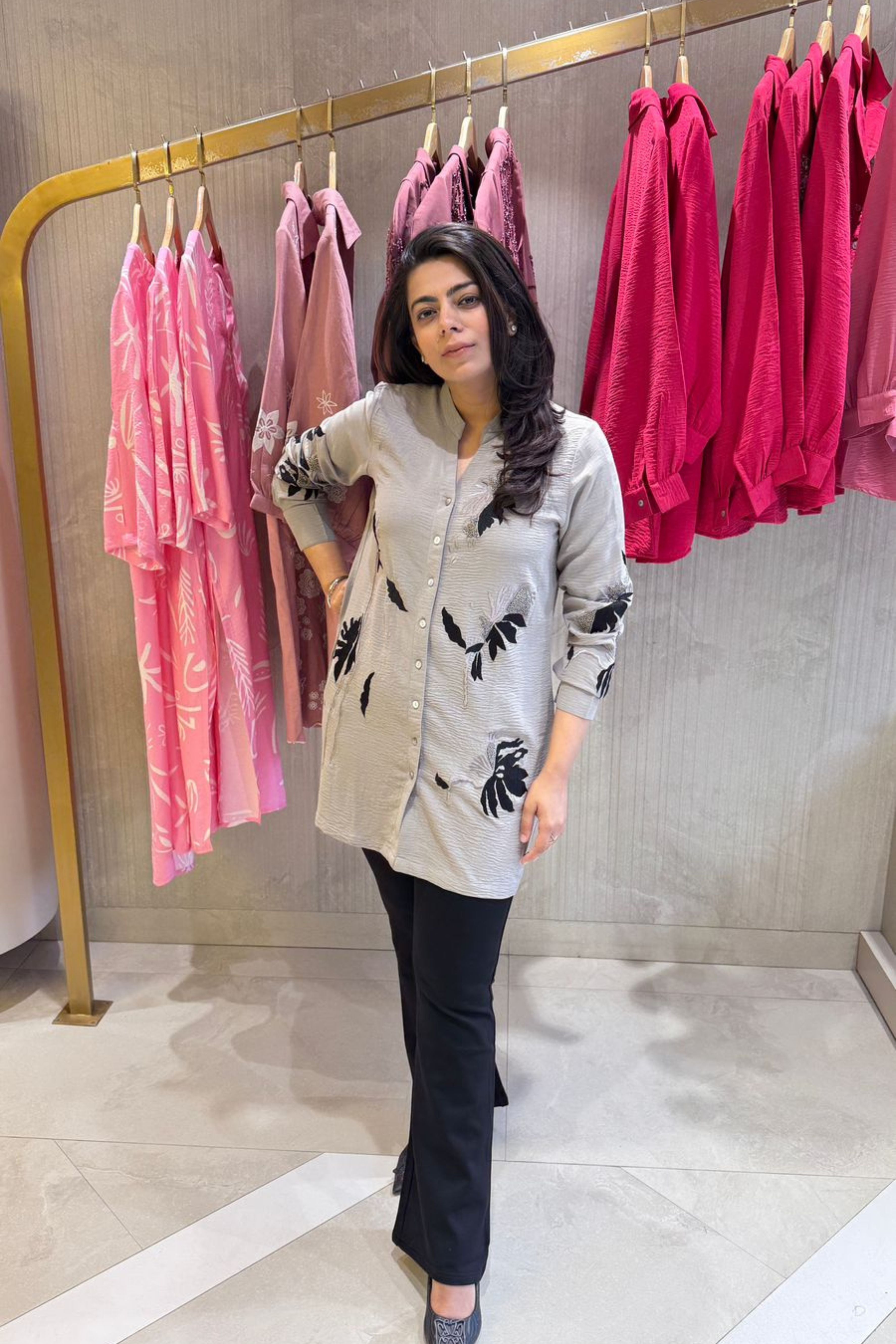 Dull Grey Black Embroidered Shirt