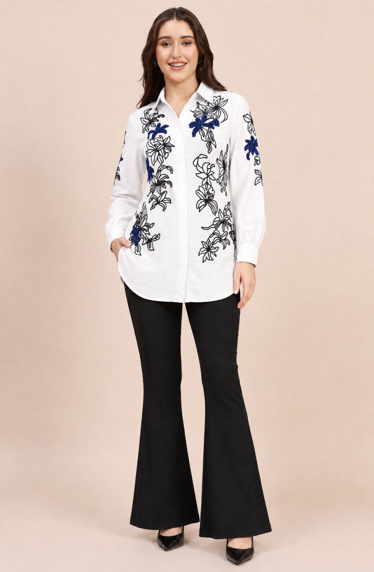 White Embellished Lily Shirt with Black & Navy Floral Detailing