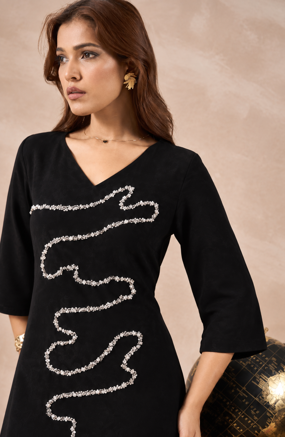 Black Embellished V-Neck Dress