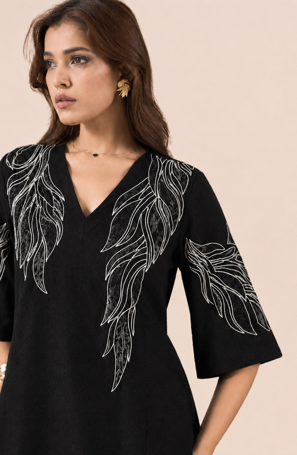Black Embellished Leaf Motif Dress with Flared Sleeves