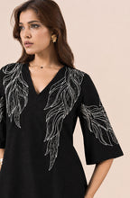 Black Embellished Leaf Motif Dress with Flared Sleeves