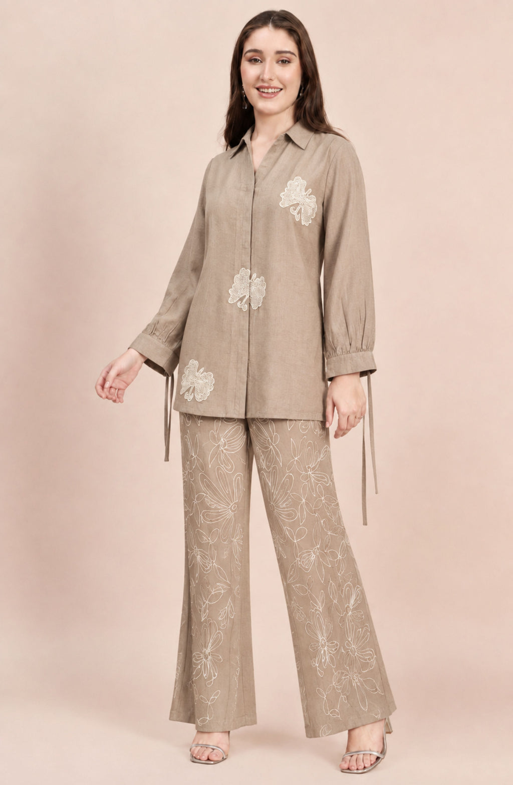 Beige Linen Embroidered Co-ord Set