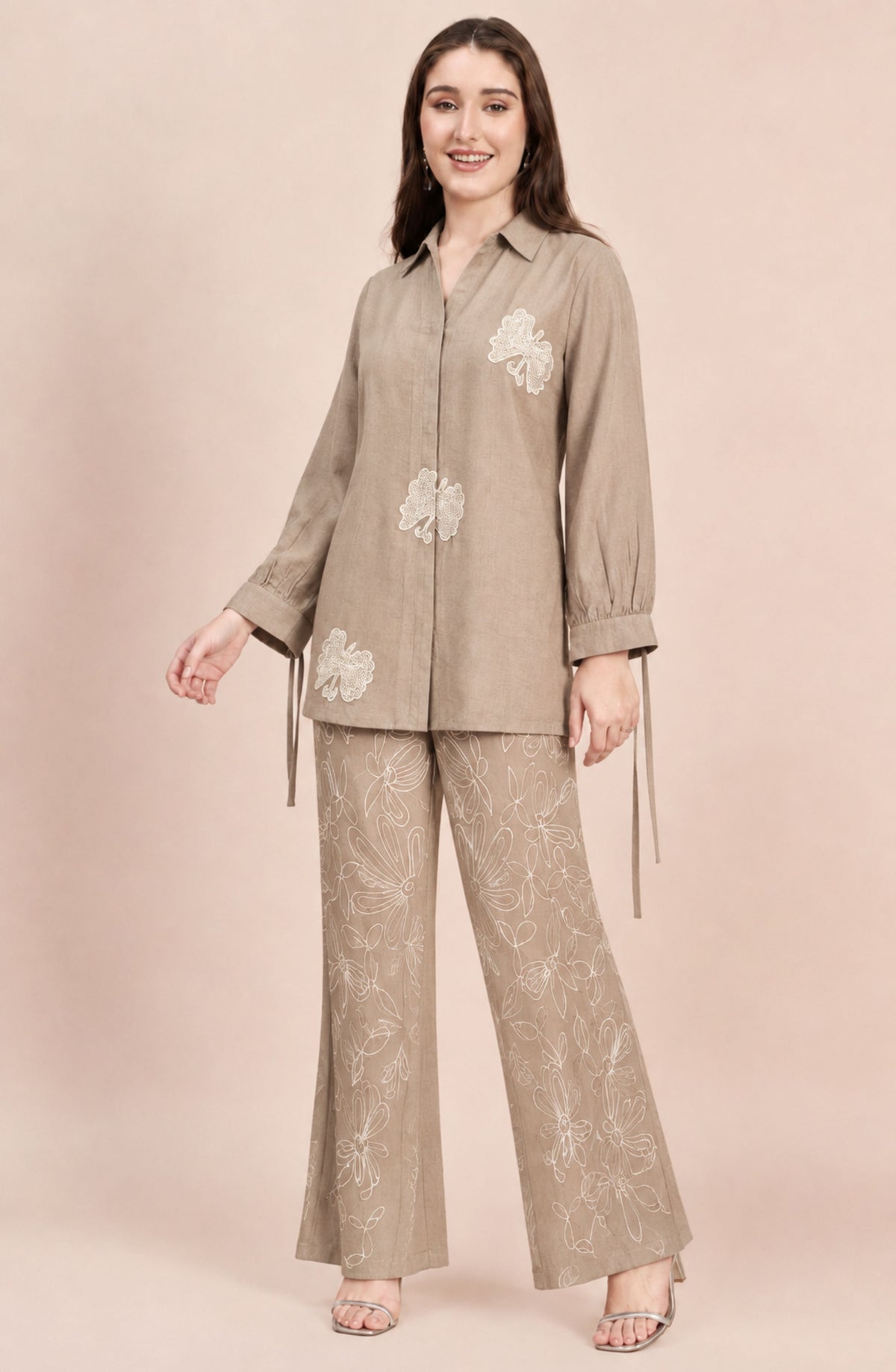 Beige Linen Embroidered Co-ord Set