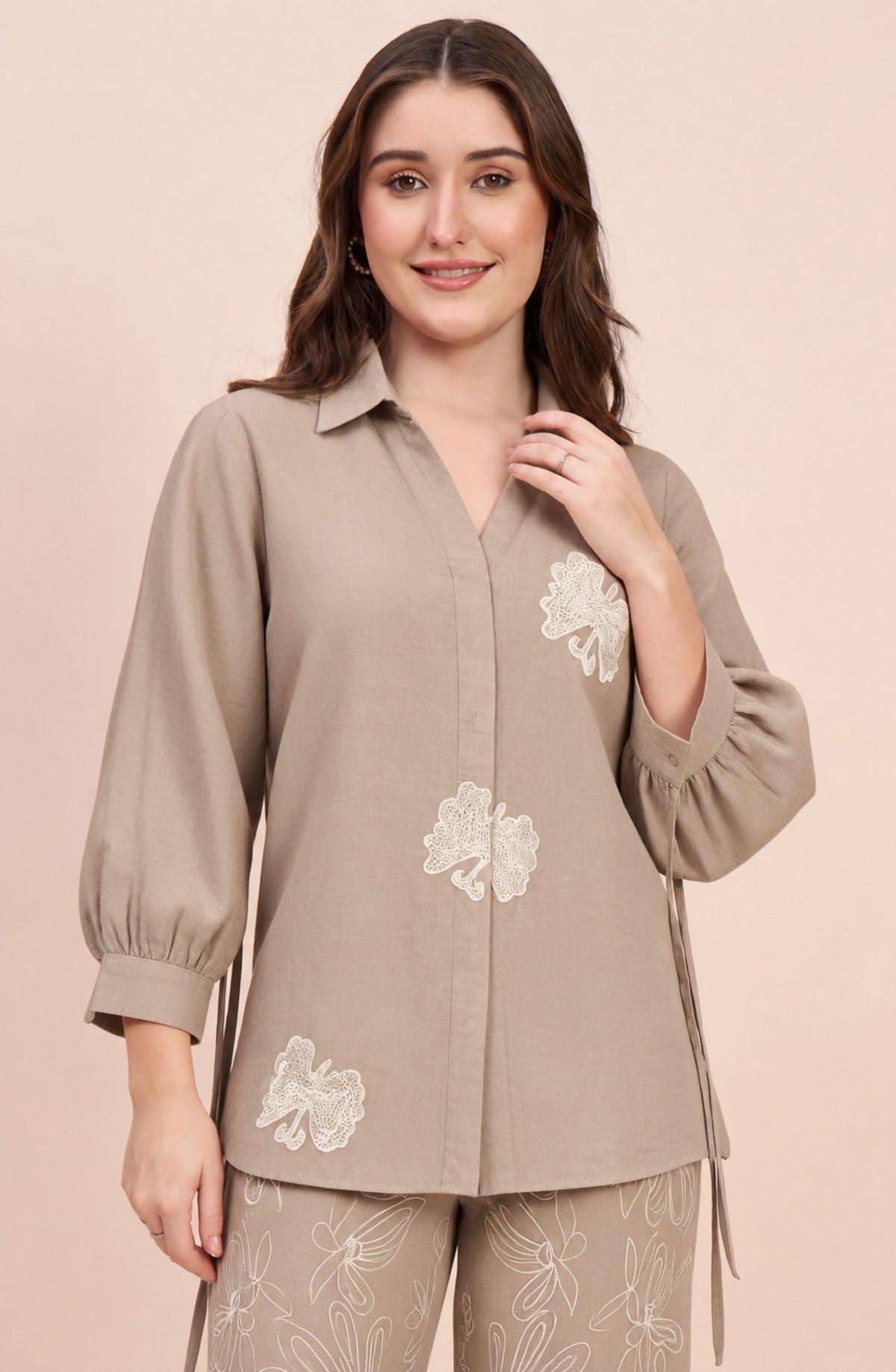 Beige Linen Embroidered Co-ord Set