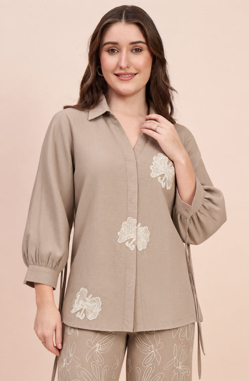 Beige Linen Embroidered Co-ord Set