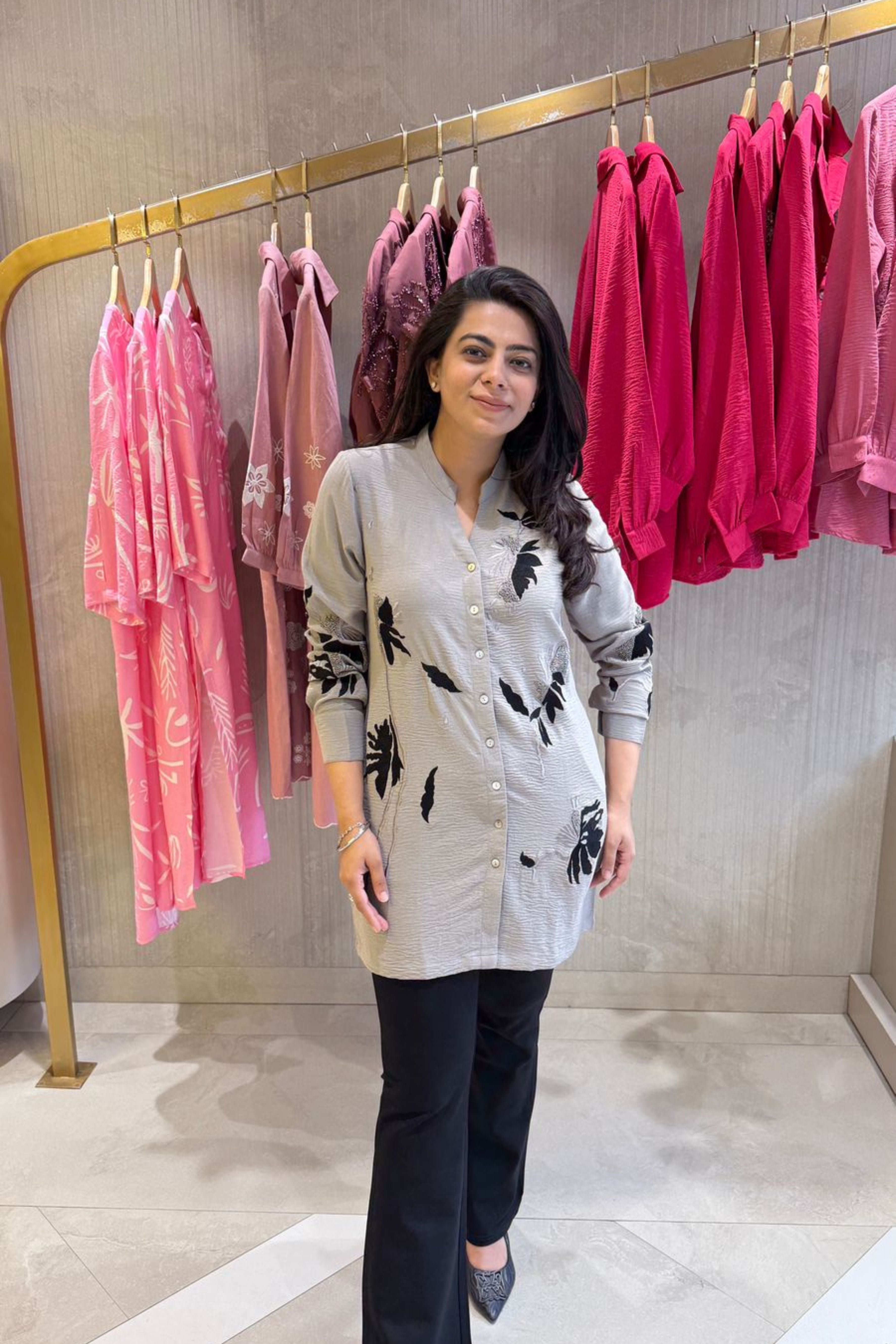 Dull Grey Black Embroidered Shirt