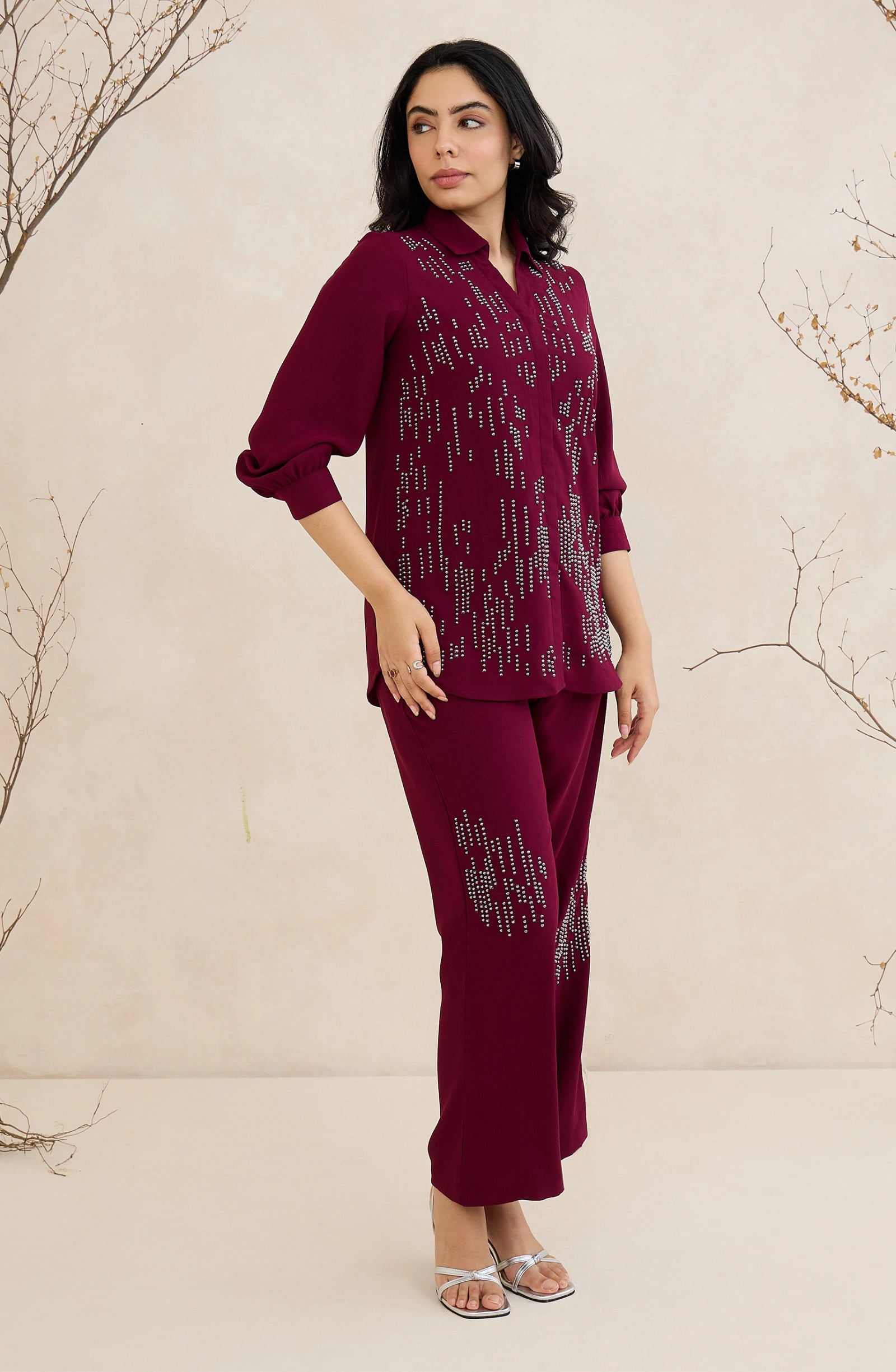 Mahroon Studded Embellished Co-Ord Set