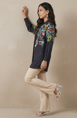 Elegant Black Floral Embroidered Long Shirt