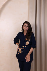 Navy Blue Gold Leaf Embroidered Co-ord Set