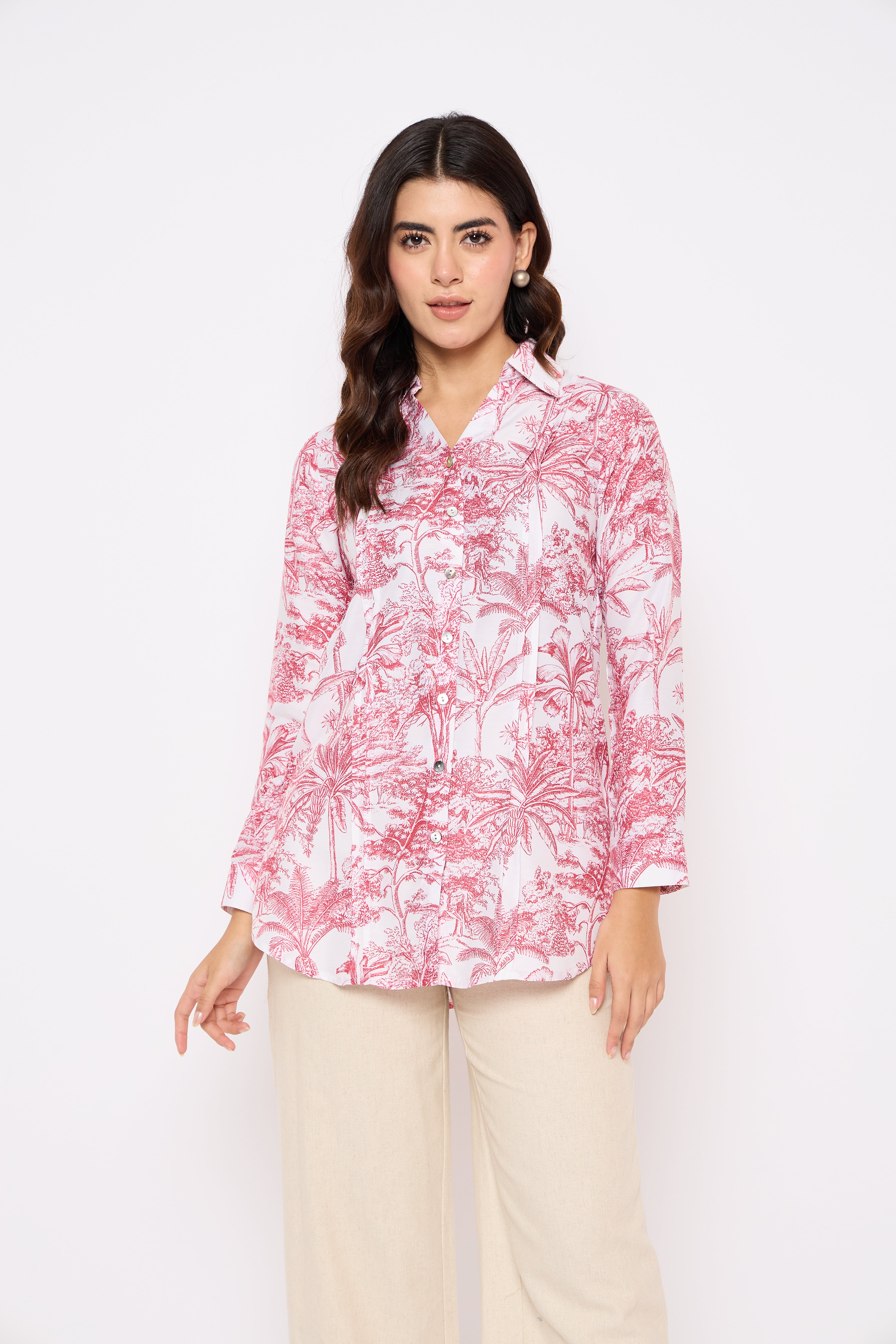 Red and White Printed Viscose Shirt