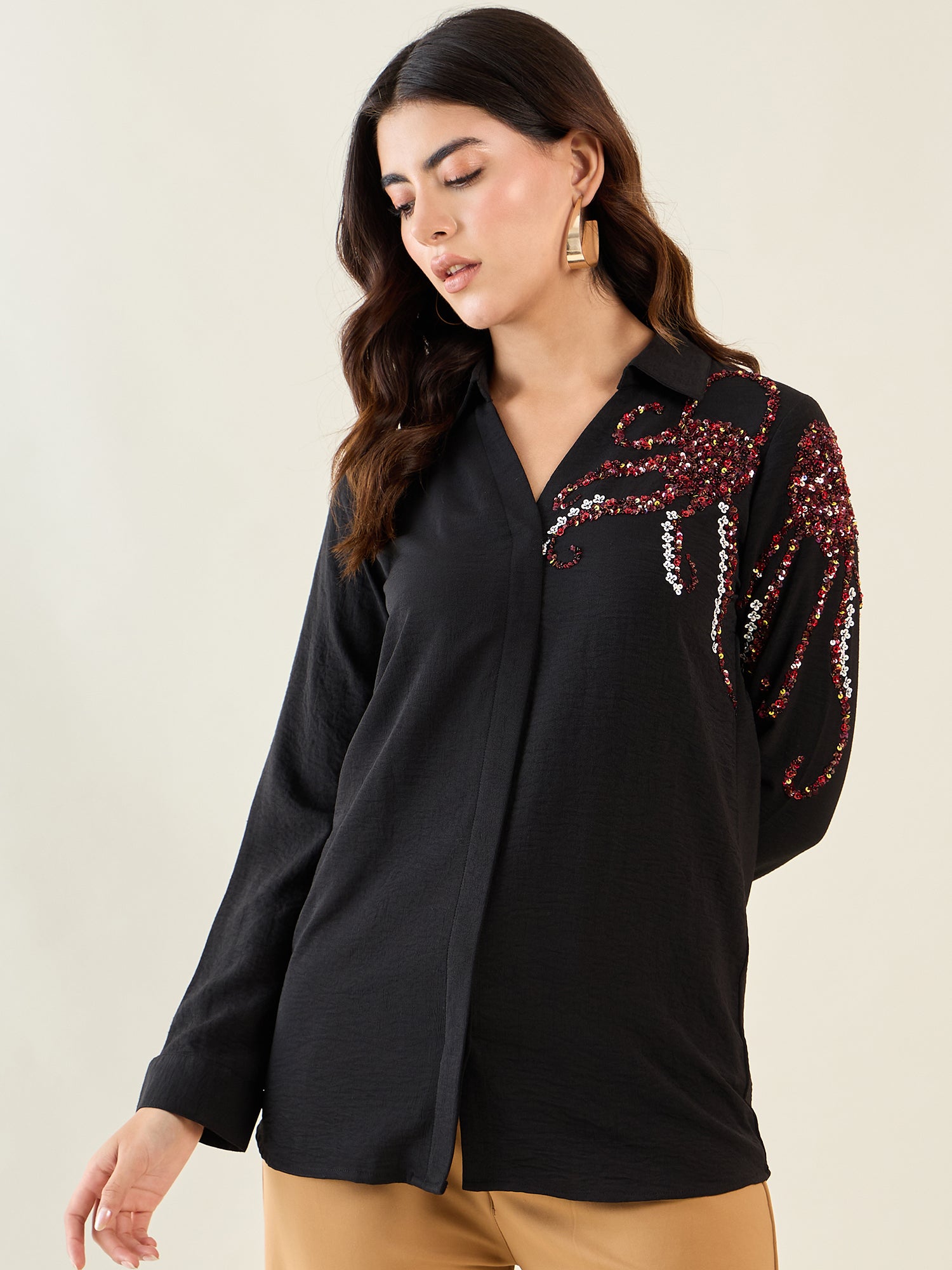 Black One Side Motif Embellished Shirt