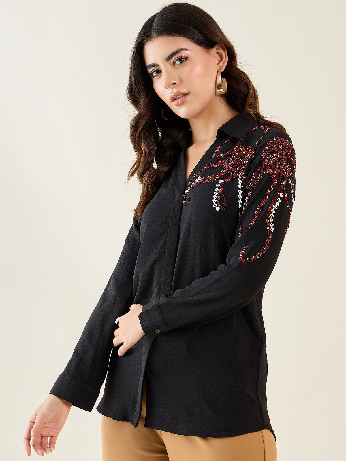 Black One Side Motif Embellished Shirt