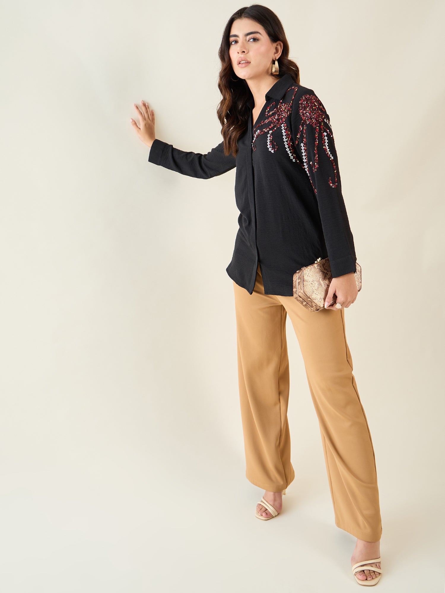 Black One Side Motif Embellished Shirt