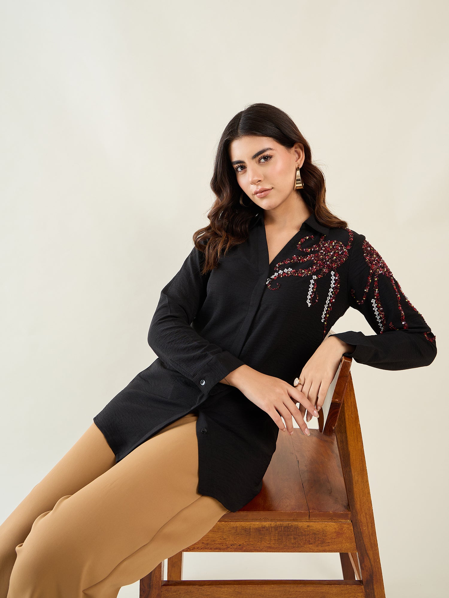 Black One Side Motif Embellished Shirt