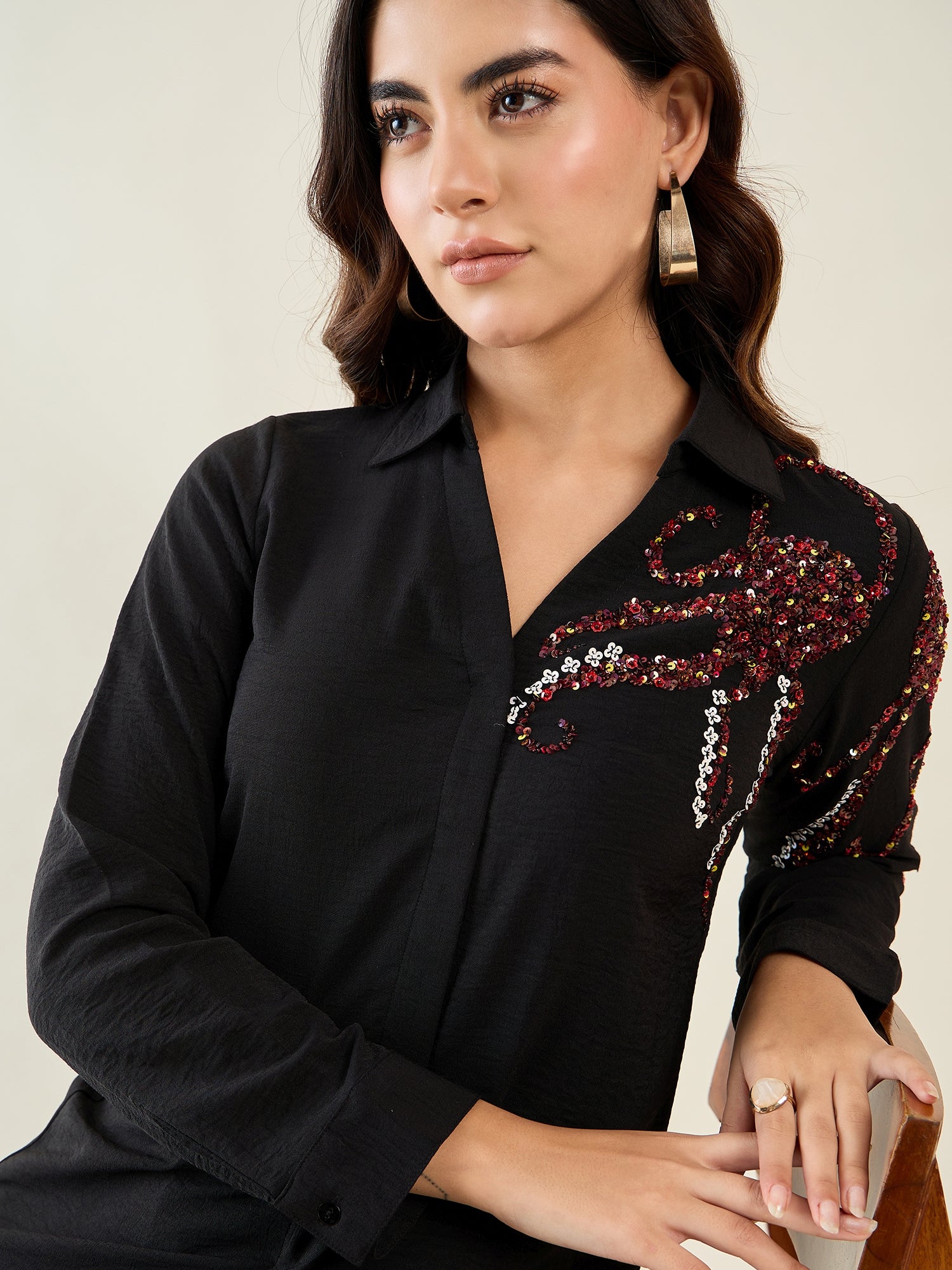 Black One Side Motif Embellished Shirt