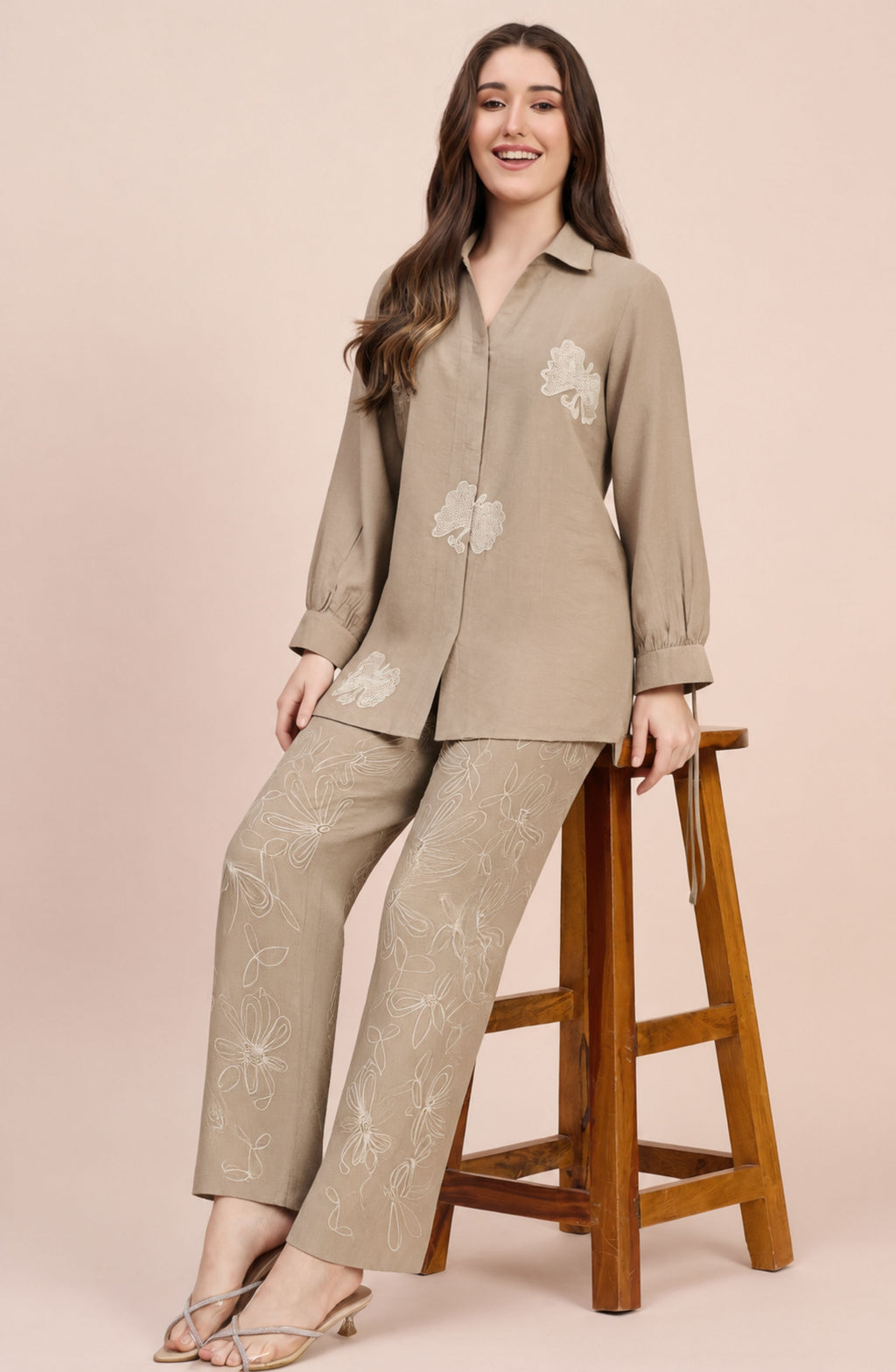Beige Linen Embroidered Co-ord Set