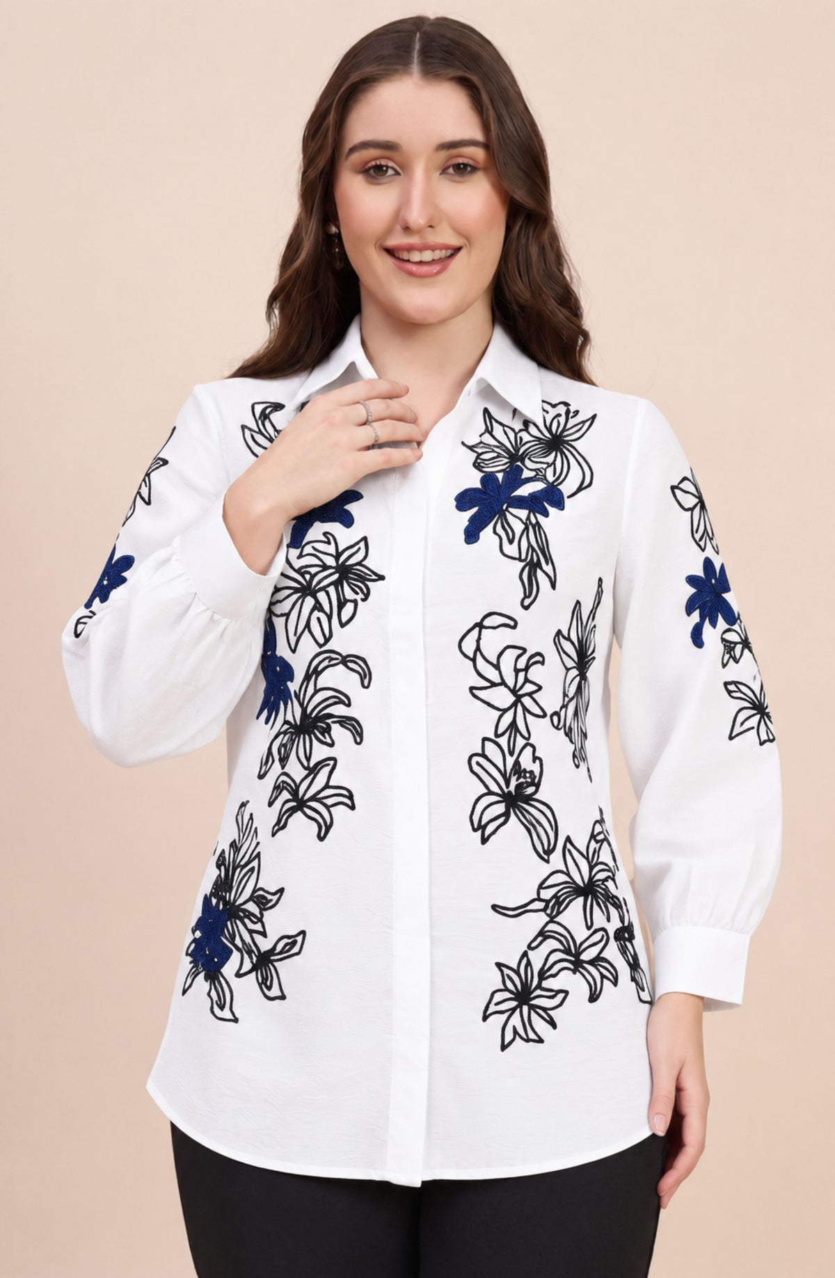 White Embellished Lily Shirt with Black & Navy Floral Detailing