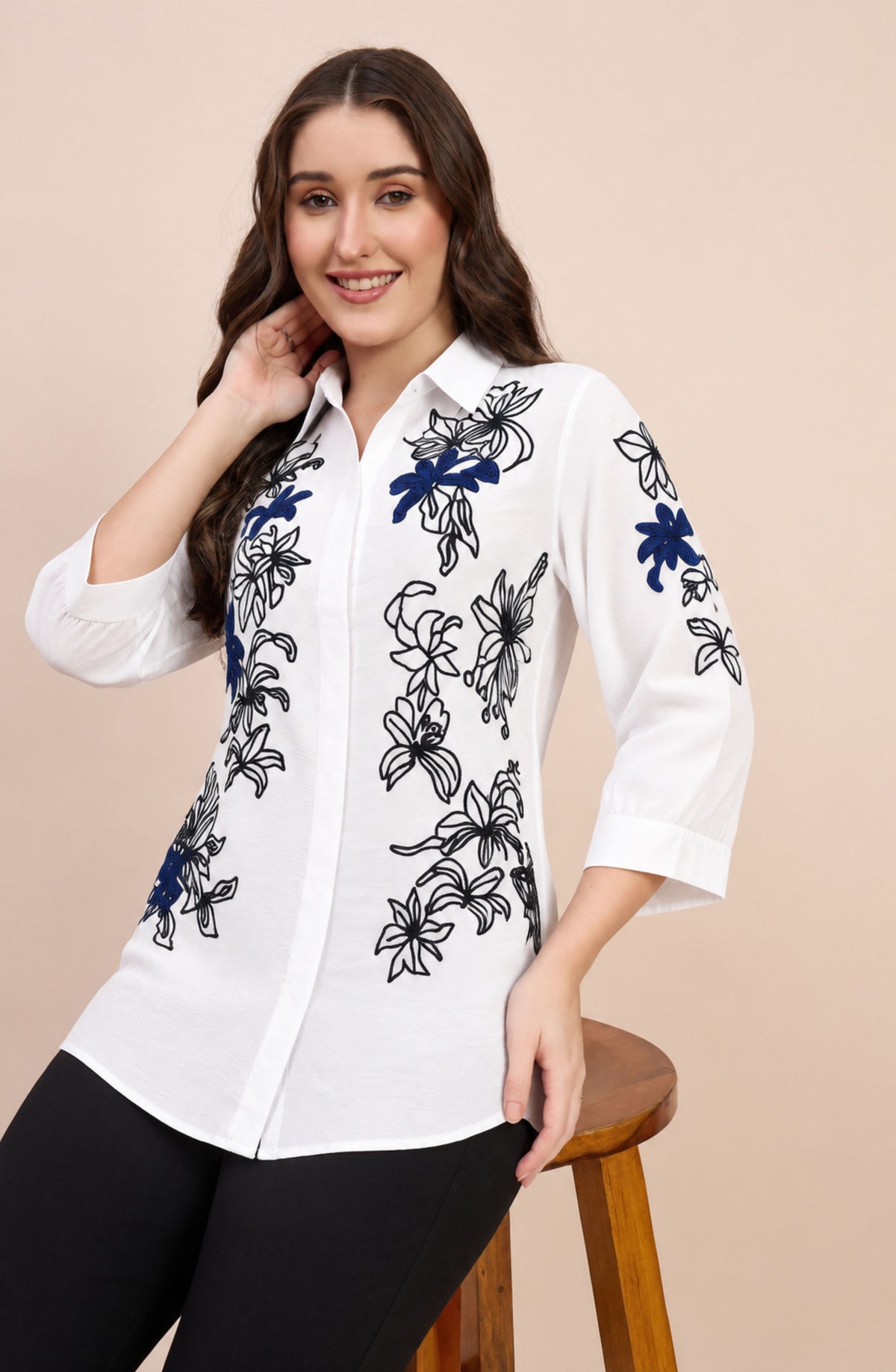White Embellished Lily Shirt with Black & Navy Floral Detailing