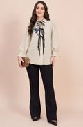 Beige Bow Tie Knot Front Embellished Shirt