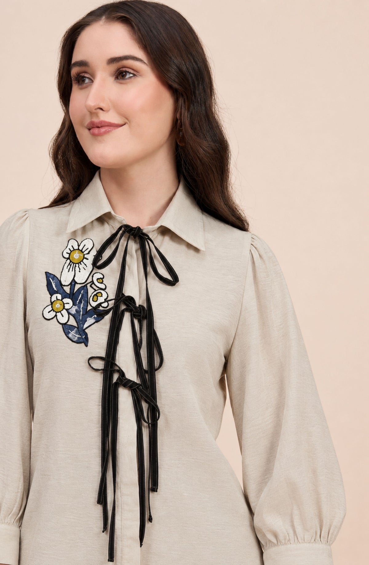 Beige Bow Tie Knot Front Embellished Shirt