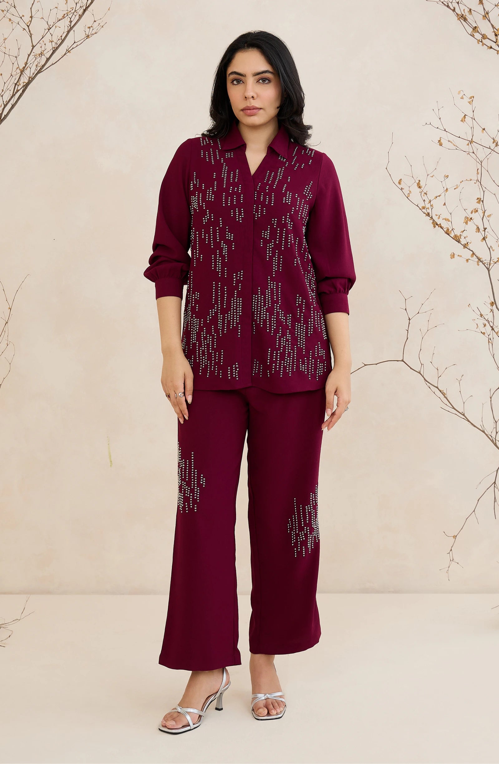 Mahroon Studded Embellished Co-Ord Set