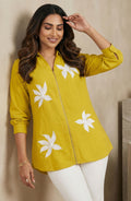 Mustard Yellow Floral Embellished Zipper Shirt