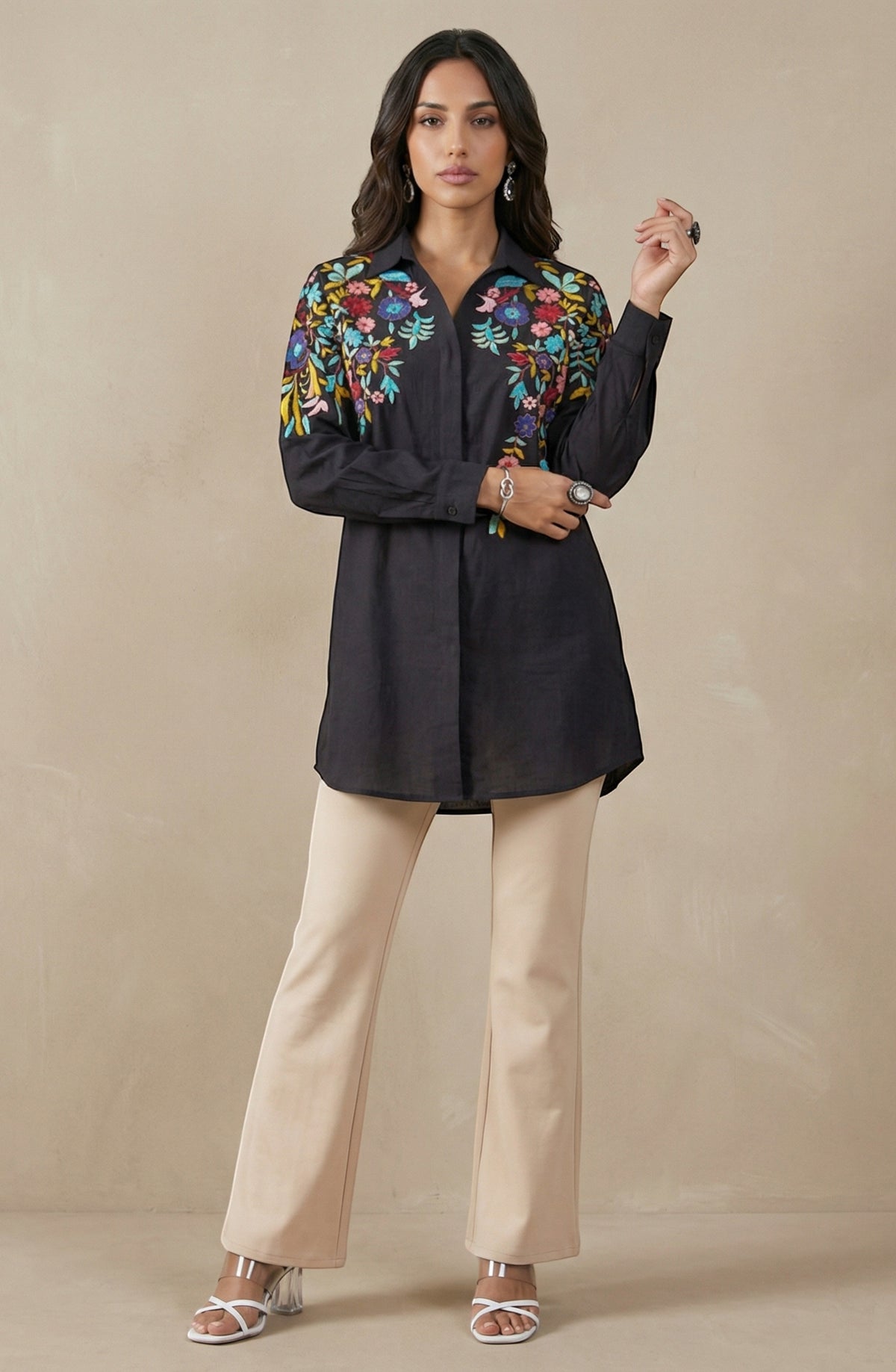 Elegant Black Floral Embroidered Long Shirt