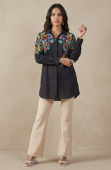 Elegant Black Floral Embroidered Long Shirt