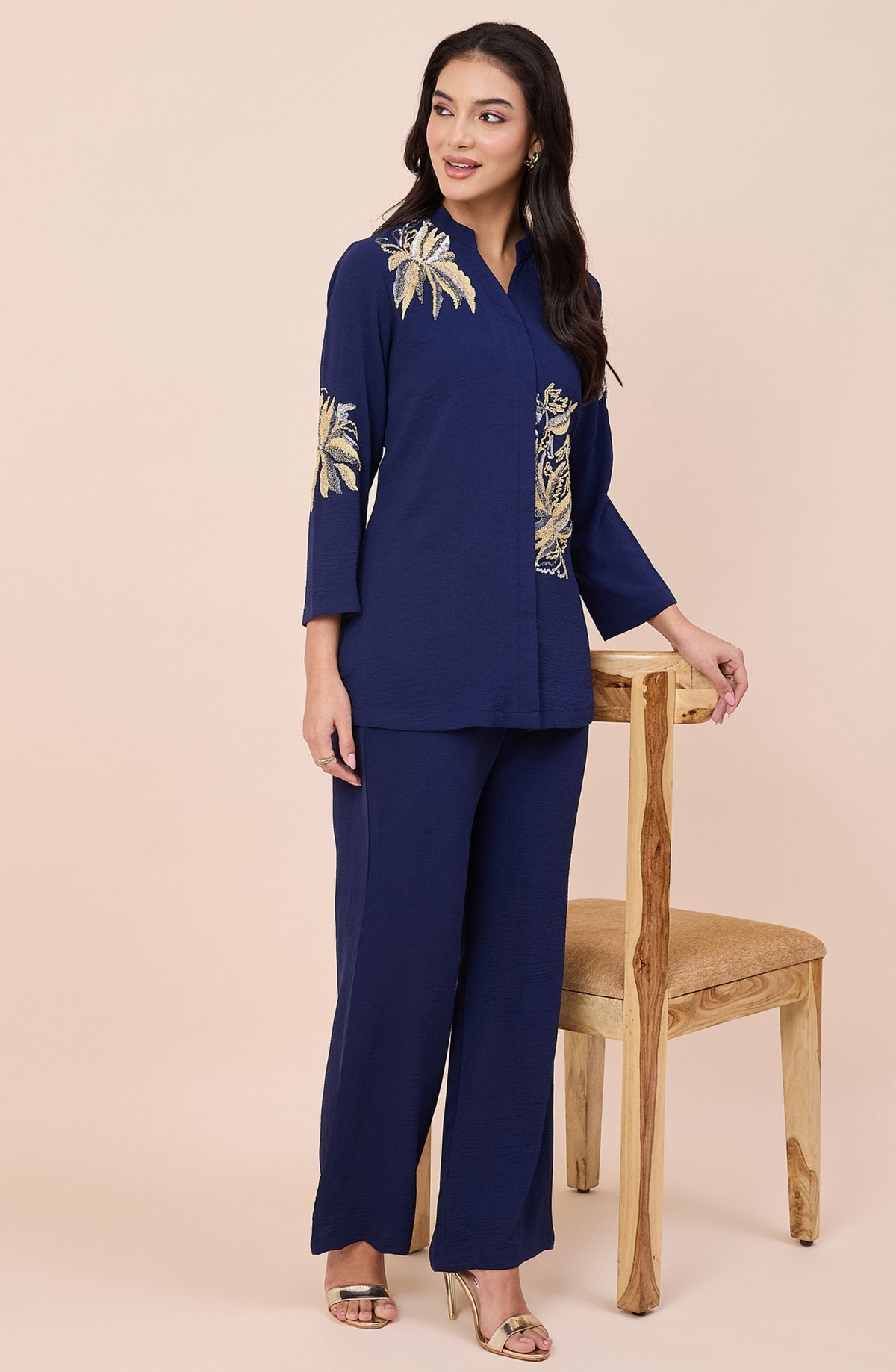 Navy Blue Gold & Silver Embellished Co-ord Set